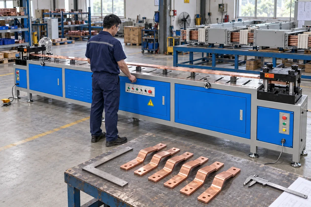 AI illustration of a double-head busbar forming machine in a busduct workshop, with a supported copper connector and repeated finished connection bars