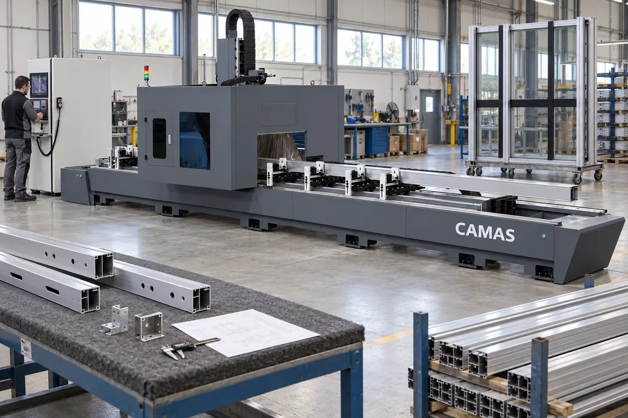 AI illustration of a long-profile CNC machining station for curtain-wall mullions in a facade fabrication workshop