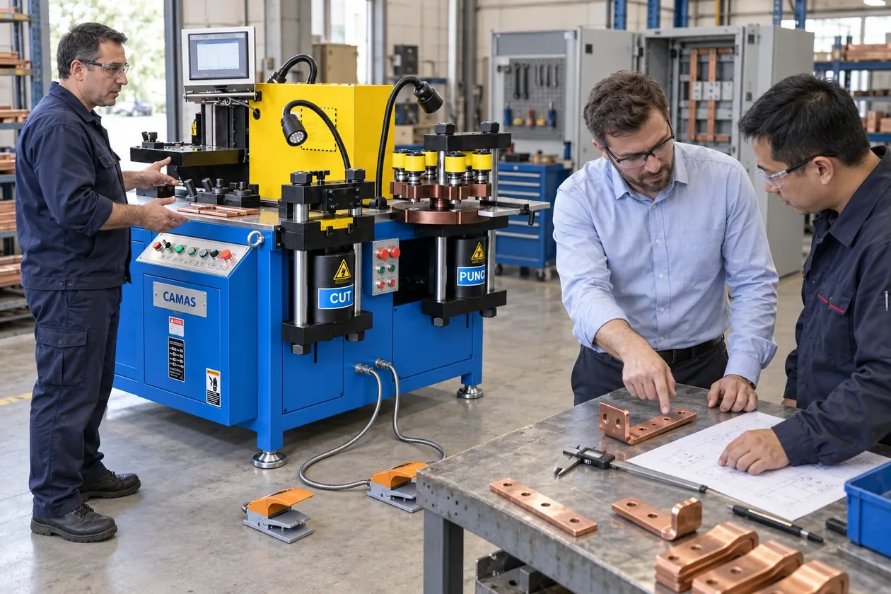 AI illustration of a distributor technical demonstration in a workshop, with a busbar workstation and a buyer reviewing copper connection samples