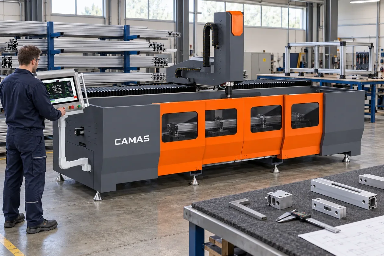 AI illustration of aluminum extrusions being processed at a CNC profile machining center in an industrial component workshop