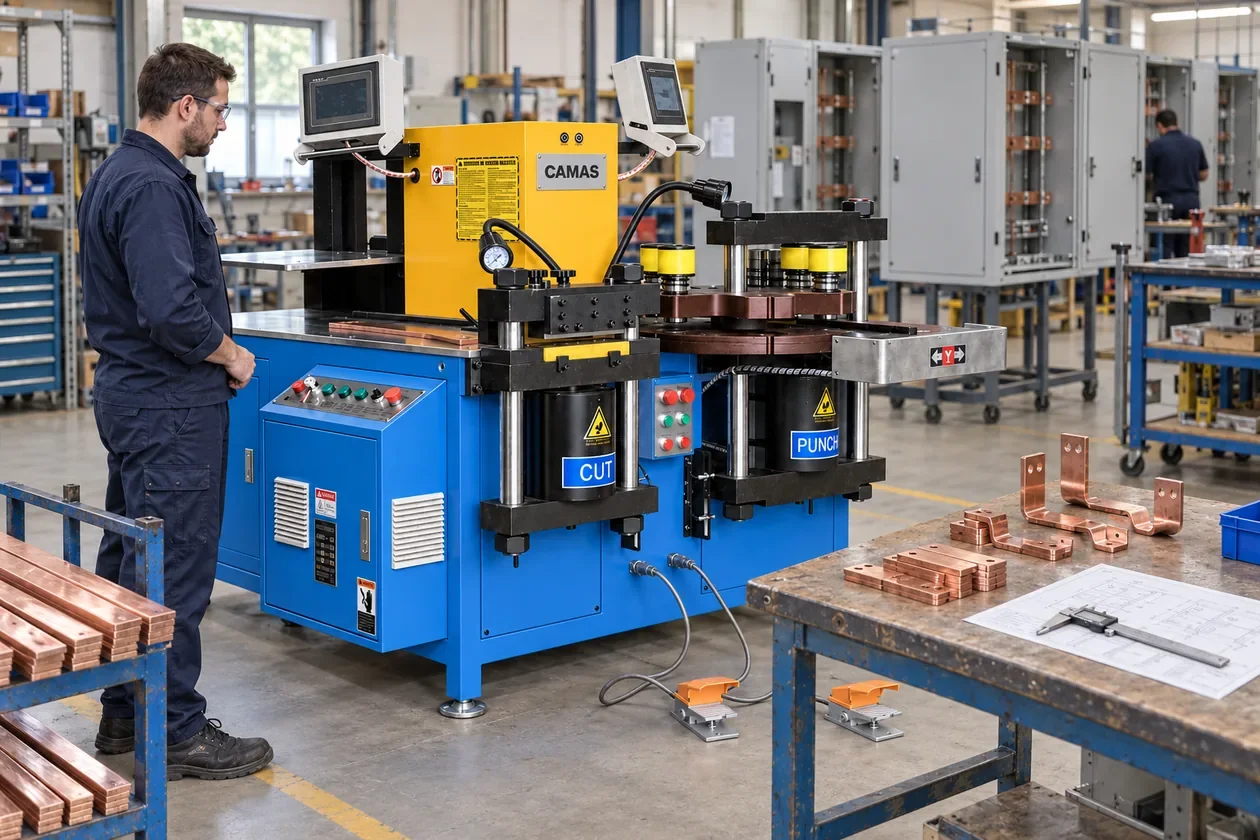 AI illustration of a blue and yellow 3-in-1 busbar workstation in a panel-building factory, with copper samples and unfinished cabinets