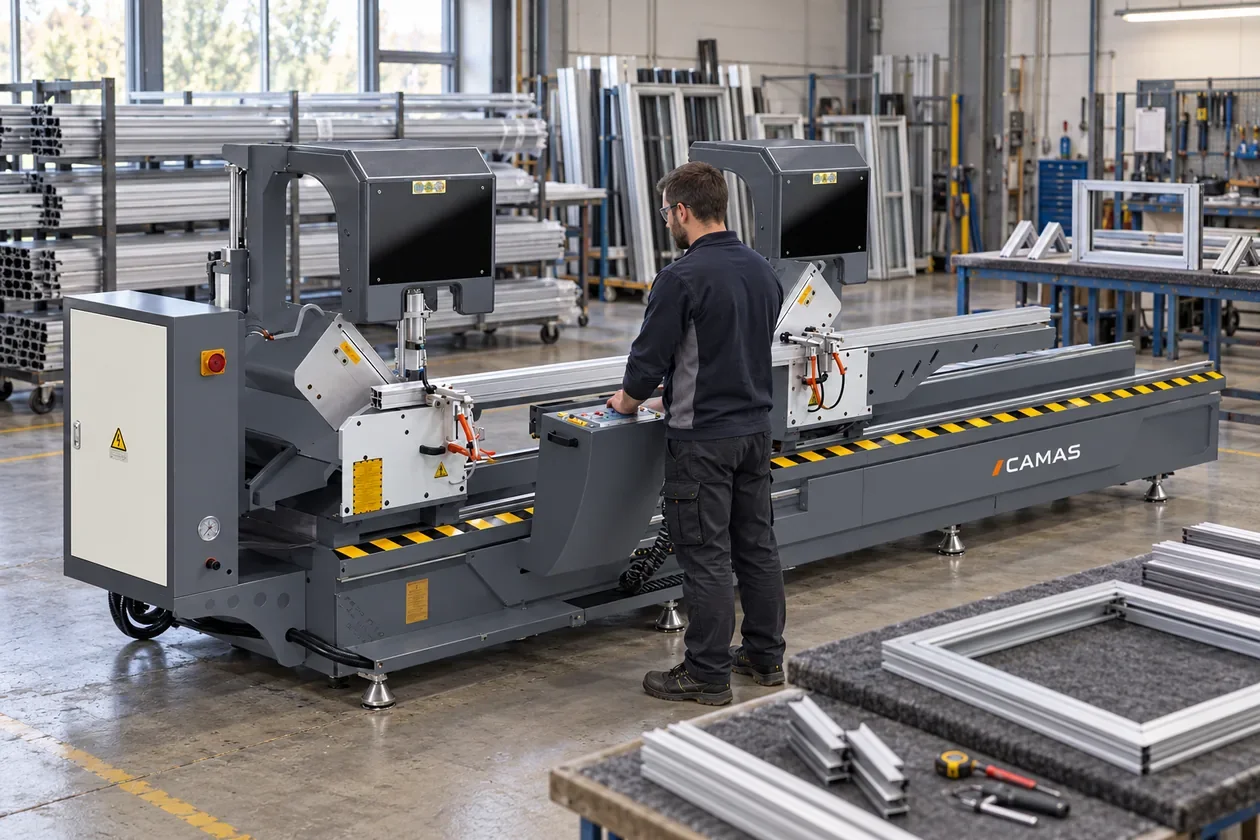 AI illustration of a double-head saw in an aluminum window workshop, with supported profile stock and an operator at the controls